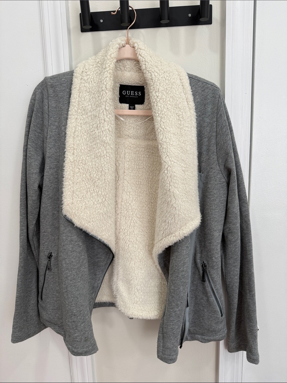 GUESS Gray Teddy Sweater with Cream Sherpa Shawl Collar